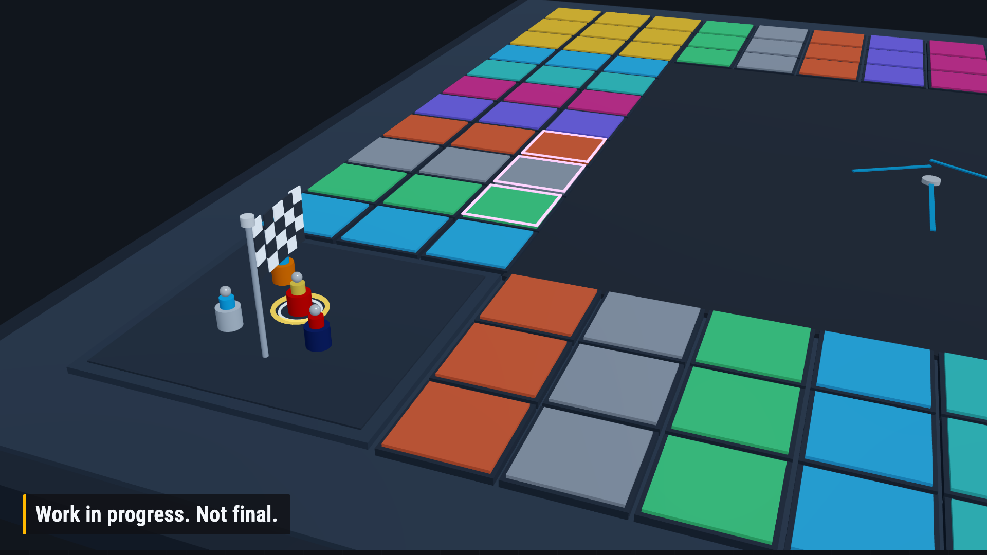 The OverTake GP Table board, with team pawns by the chequered flag and the cells you can reach this turn lit up. Work in progress, not final.