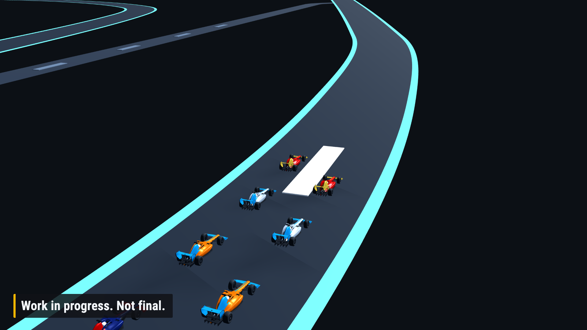Cars on a staggered starting grid, seen from low on the track. Work in progress, not final.
